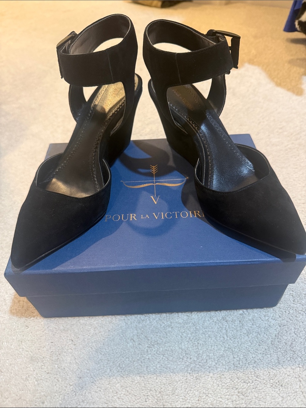 Pour La Victoire Black Suede Pointed Ankle-Strap Wedge Pumps